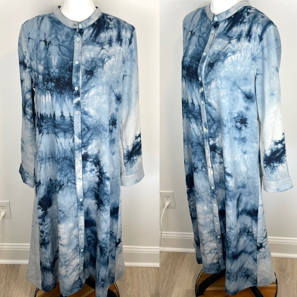 EPIK Tie Dye Linen Long Sleeve Button Front Maxi Dress In Blue Size Large New